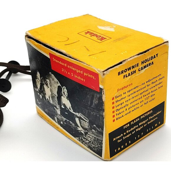 Kodak Brownie Camera Holiday Flash Vintage Strap Box Mid Century Untested 1950s - Picture 9 of 11